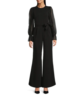 Calvin Klein Crew Neck Long Crinkle Chiffon Sleeve Scuba Crepe Jumpsuit