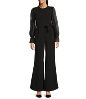 Calvin Klein Crew Neck Long Crinkle Chiffon Sleeve Scuba Crepe Jumpsuit