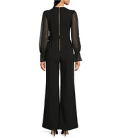 Calvin Klein Crew Neck Long Crinkle Chiffon Sleeve Scuba Crepe Jumpsuit