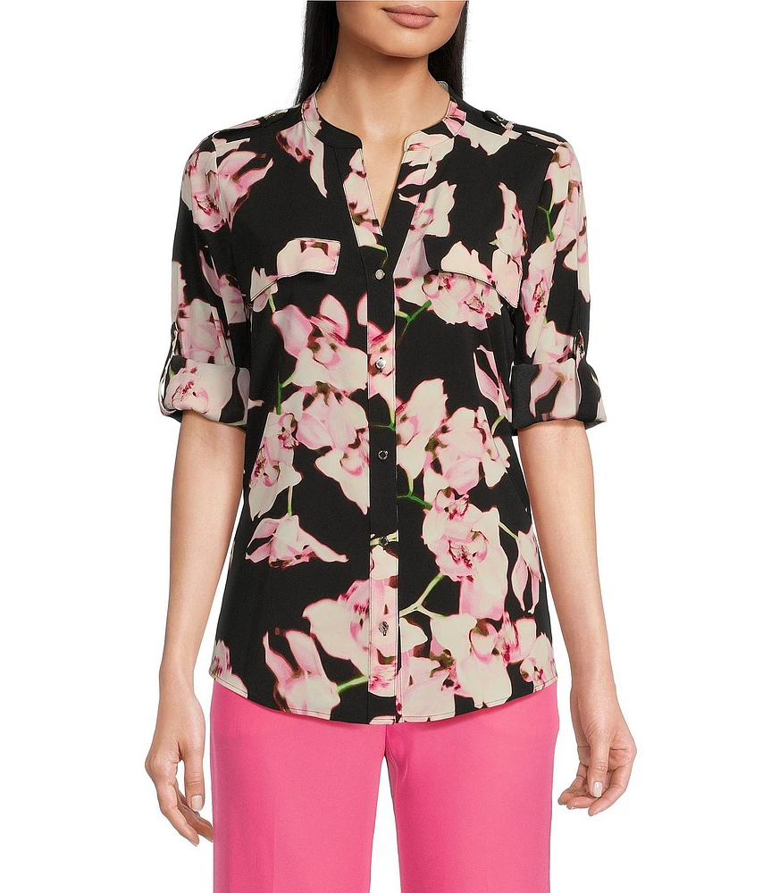 Calvin Klein Crew Neck Long Sleeve Stretch Woven Print Blouse