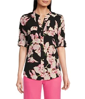 Calvin Klein Crew Neck Long Sleeve Stretch Woven Print Blouse