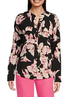 Calvin Klein Crew Neck Long Sleeve Stretch Woven Print Blouse