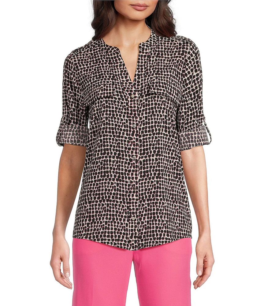 Calvin Klein Crew Neck Printed Roll Sleeve Button Front Blouse