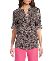 Calvin Klein Crew Neck Printed Roll Sleeve Button Front Blouse