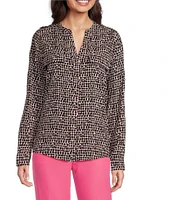 Calvin Klein Crew Neck Printed Roll Sleeve Button Front Blouse