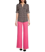 Calvin Klein Crew Neck Printed Roll Sleeve Button Front Blouse