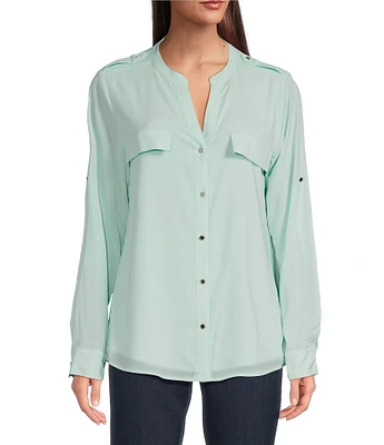 Calvin Klein Crew Neck Roll Sleeve Button Front Blouse