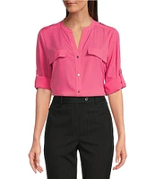 Calvin Klein Crew Neck Roll Sleeve Button Front Blouse