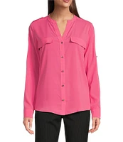 Calvin Klein Crew Neck Roll Sleeve Button Front Blouse