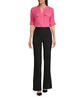 Calvin Klein Crew Neck Roll Sleeve Button Front Blouse