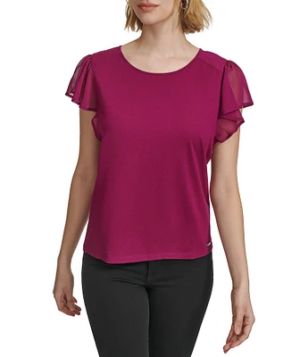 Calvin Klein Crew Neckline Flutter Cap Sleeve Blouse