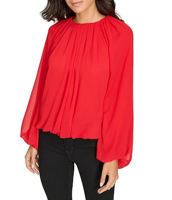 Calvin Klein Crinkle Chiffon Crew Neck Raglan Long Sleeve Shirred Blouse