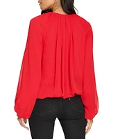 Calvin Klein Crinkle Chiffon Crew Neck Raglan Long Sleeve Shirred Blouse