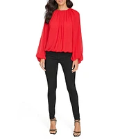 Calvin Klein Crinkle Chiffon Crew Neck Raglan Long Sleeve Shirred Blouse