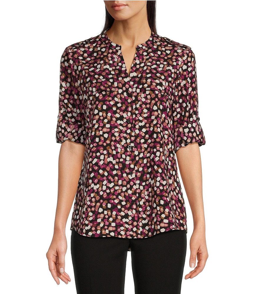 Calvin Klein Abstract Dot Printed Split V-Neckline Roll Tab Long Sleeve Blouse