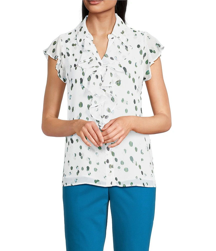 Calvin Klein Dotted Flutter Sleeve Collared Ruffle Button Front Blouse