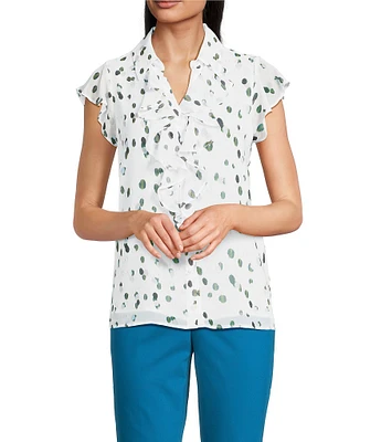 Calvin Klein Dotted Flutter Sleeve Collared Ruffle Button Front Blouse