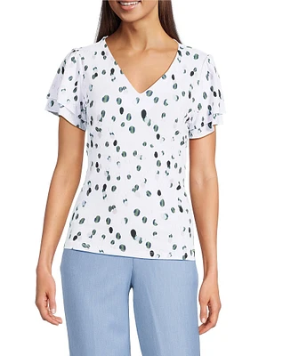 Calvin Klein Dotted V-Neck Flutter Short Sleeve Top