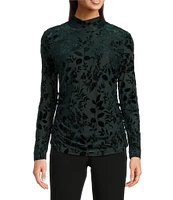 Calvin Klein Floral Burnout Crushed-Velvet Long Sleeve Mock Neck Ruched Top