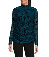 Calvin Klein Floral Burnout Crushed-Velvet Long Sleeve Mock Neck Ruched Top