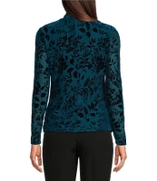 Calvin Klein Floral Burnout Crushed-Velvet Long Sleeve Mock Neck Ruched Top