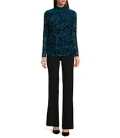 Calvin Klein Floral Burnout Crushed-Velvet Long Sleeve Mock Neck Ruched Top