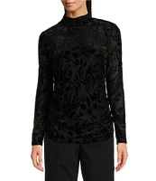 Calvin Klein Floral Burnout Crushed-Velvet Long Sleeve Mock Neck Ruched Top