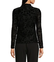 Calvin Klein Floral Burnout Crushed-Velvet Long Sleeve Mock Neck Ruched Top