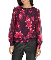 Calvin Klein Floral Chiffon Crew Neck Long Sleeve Banded Hemline Top