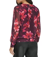 Calvin Klein Floral Chiffon Crew Neck Long Sleeve Banded Hemline Top