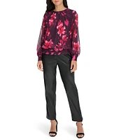 Calvin Klein Floral Chiffon Crew Neck Long Sleeve Banded Hemline Top