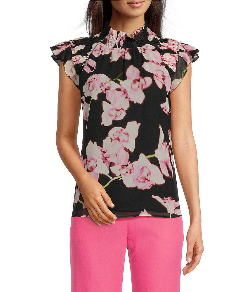 Calvin Klein Floral Chiffon Mock Neck Ruffle Detail Top