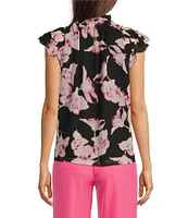 Calvin Klein Floral Chiffon Mock Neck Ruffle Detail Top