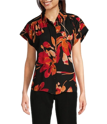 Calvin Klein Floral Collared Neckline Short Sleeve Button Front Top