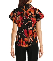 Calvin Klein Floral Collared Neckline Short Sleeve Button Front Top