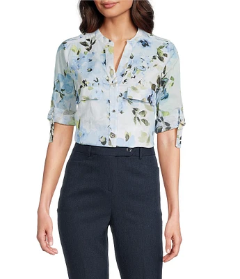 Calvin Klein Floral Cotton Crew Neck Roll Tab Sleeve Button Front Blouse