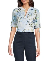 Calvin Klein Floral Cotton Crew Neck Roll Tab Sleeve Button Front Blouse