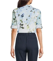 Calvin Klein Floral Cotton Crew Neck Roll Tab Sleeve Button Front Blouse