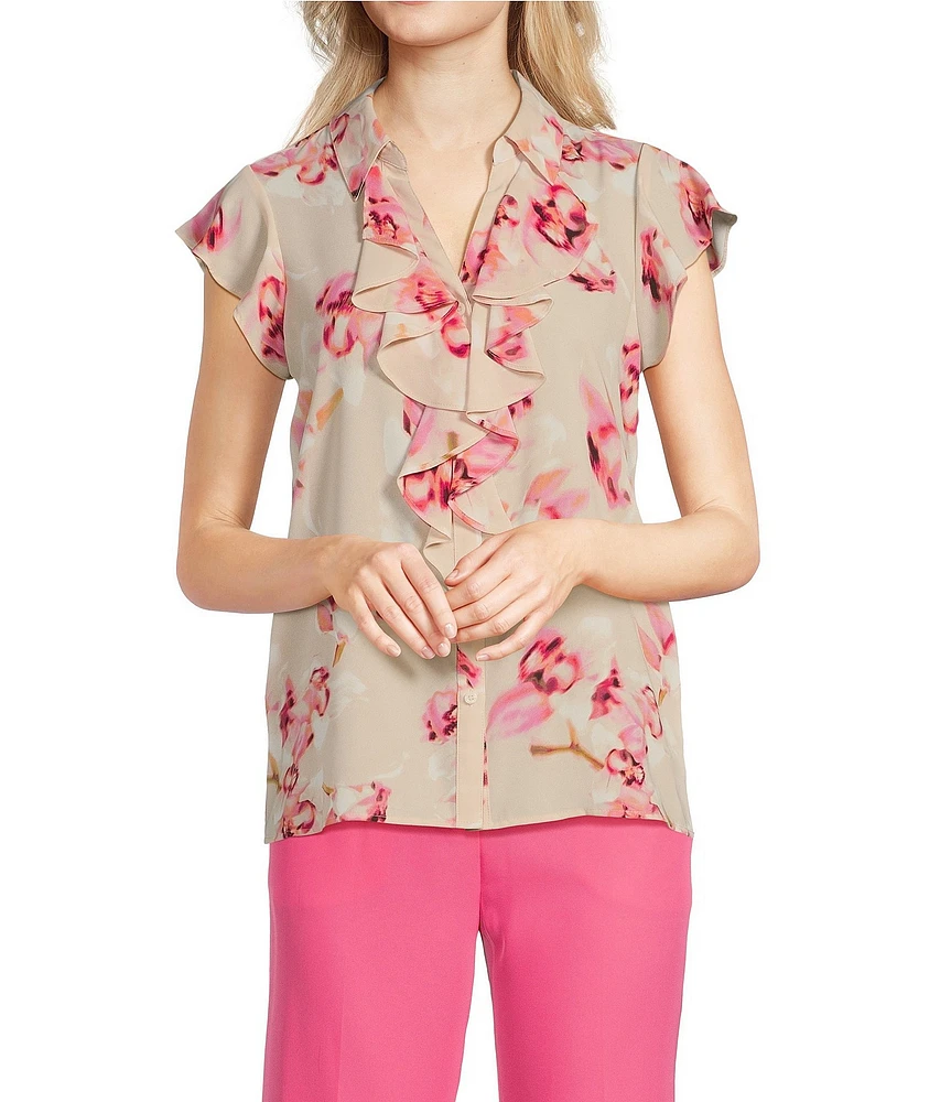 Calvin Klein Floral Flutter Sleeve Collared Ruffle Button Front Blouse