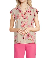 Calvin Klein Floral Flutter Sleeve Collared Ruffle Button Front Blouse