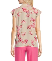 Calvin Klein Floral Flutter Sleeve Collared Ruffle Button Front Blouse