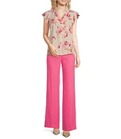 Calvin Klein Floral Flutter Sleeve Collared Ruffle Button Front Blouse