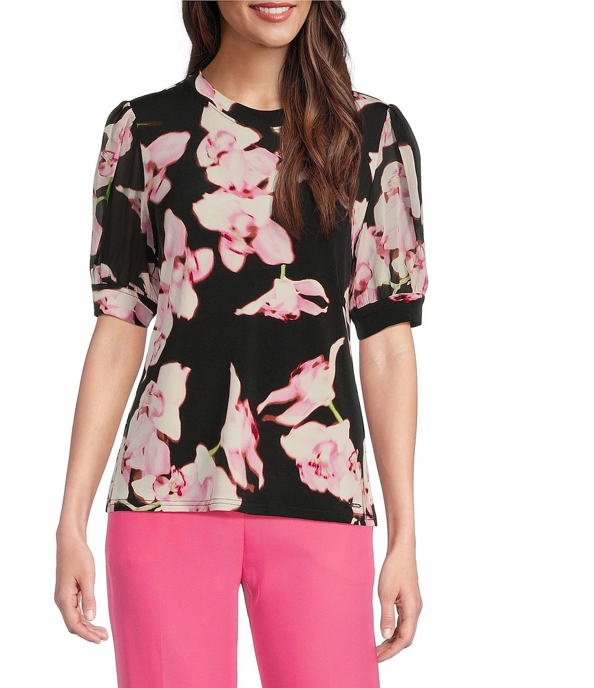 Calvin Klein Floral Mixed Media Short Puff Sleeve Top