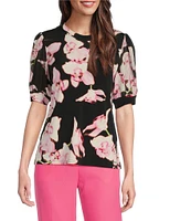 Calvin Klein Floral Mixed Media Short Puff Sleeve Top