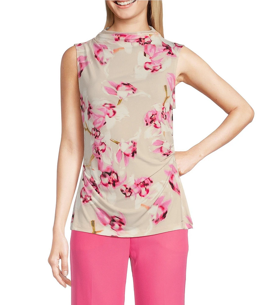 Calvin Klein Floral Mock Neck Sleeveless Drape Shoulder Top