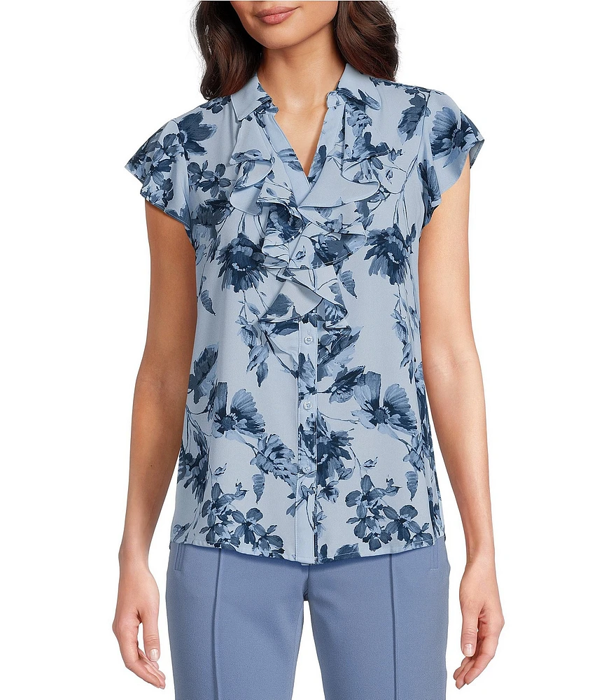 Calvin Klein Floral Print Ruffle Button Front Blouse