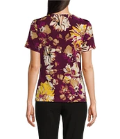 Calvin Klein Floral Print Short Sleeve Pleat Neck Top