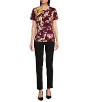 Calvin Klein Floral Print Short Sleeve Pleat Neck Top