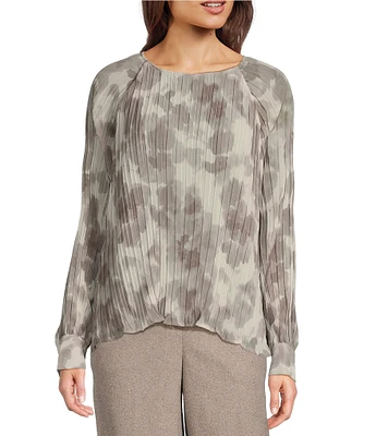 Calvin Klein Floral Printed Chiffon Pleated Crew Neck Long Sleeve Blouse