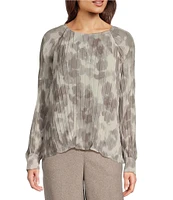 Calvin Klein Floral Printed Chiffon Pleated Crew Neck Long Sleeve Blouse